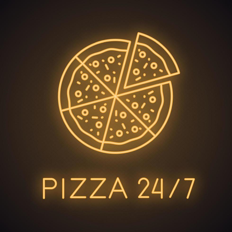 Pizza neon light icon. Open 24 hours a day. Pizzeria open around the clock glowing sign. Vector isolated illustration