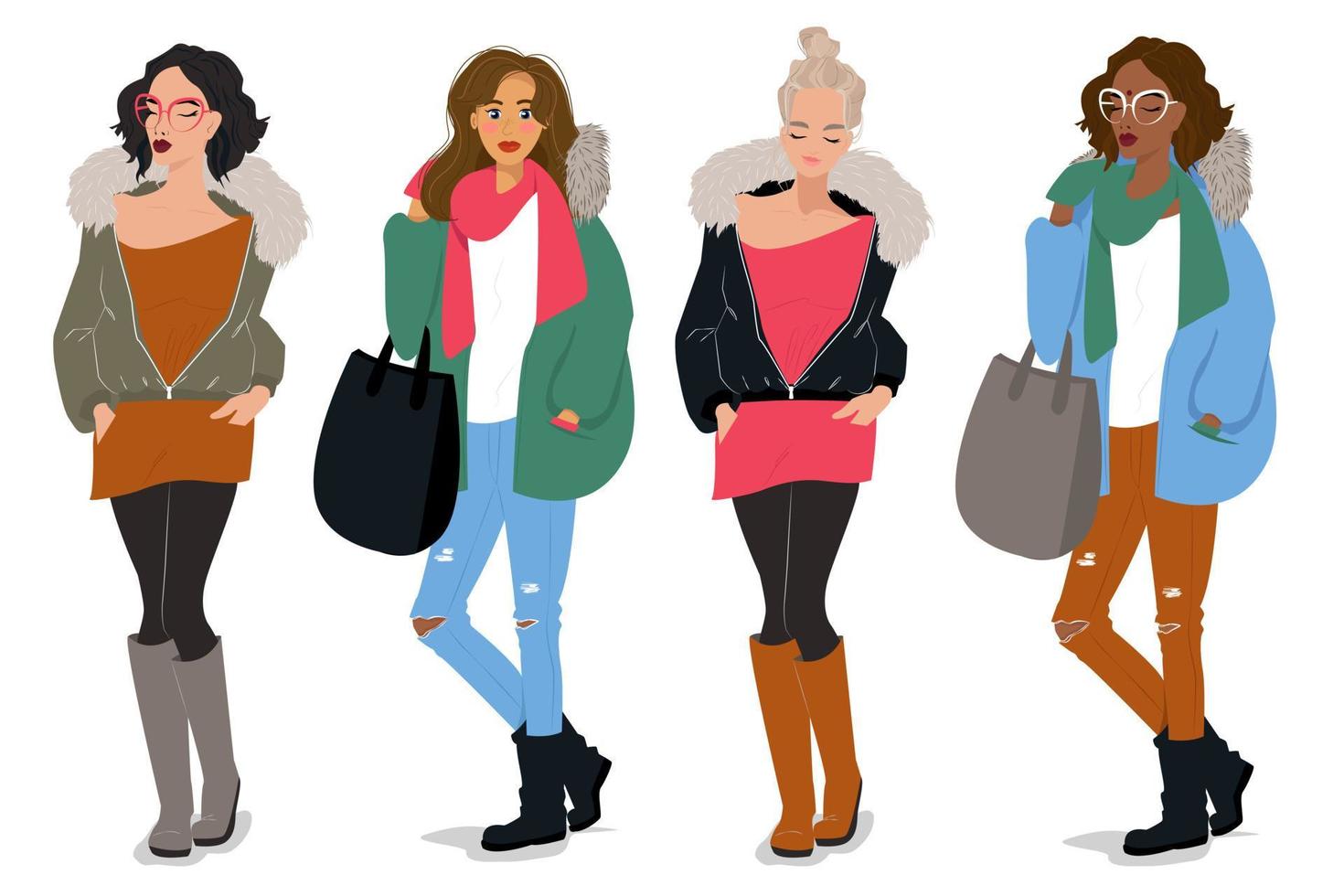 Young modern women of different nationalities, Indian, Asian, European. Vector illustration in flat style.