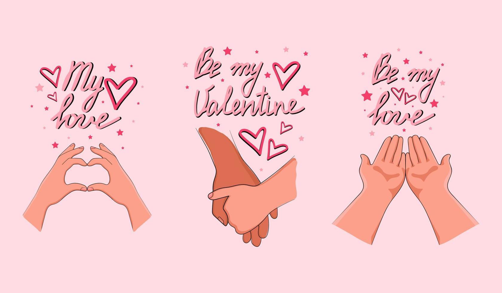 Two hands romantic symbols for valentines day set, be my valentines text. Vector illustration