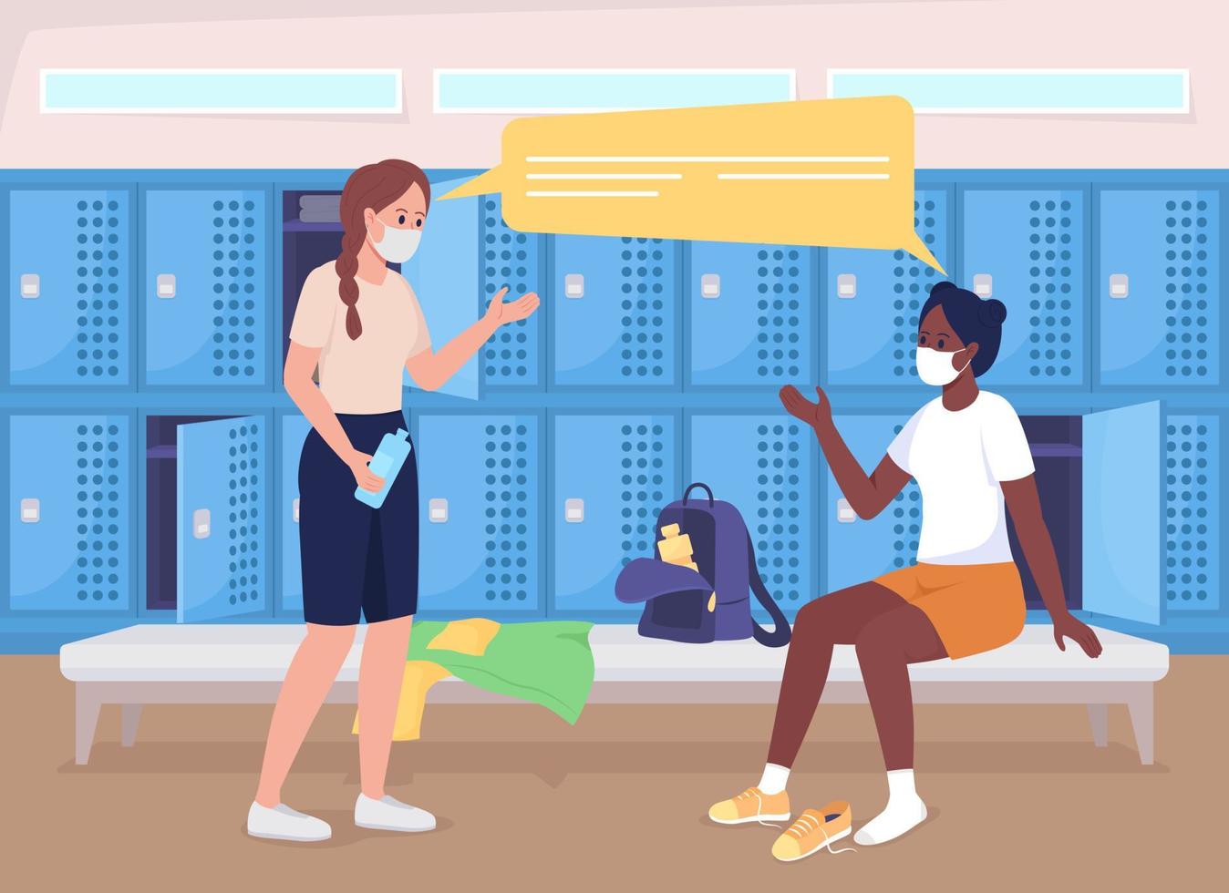 Girls before gym class flat color vector illustration