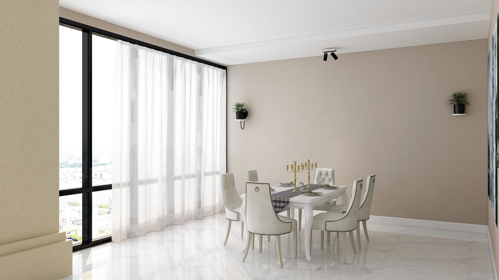 Modern interior design of minimalist dining room in 3d rendering mockup photo