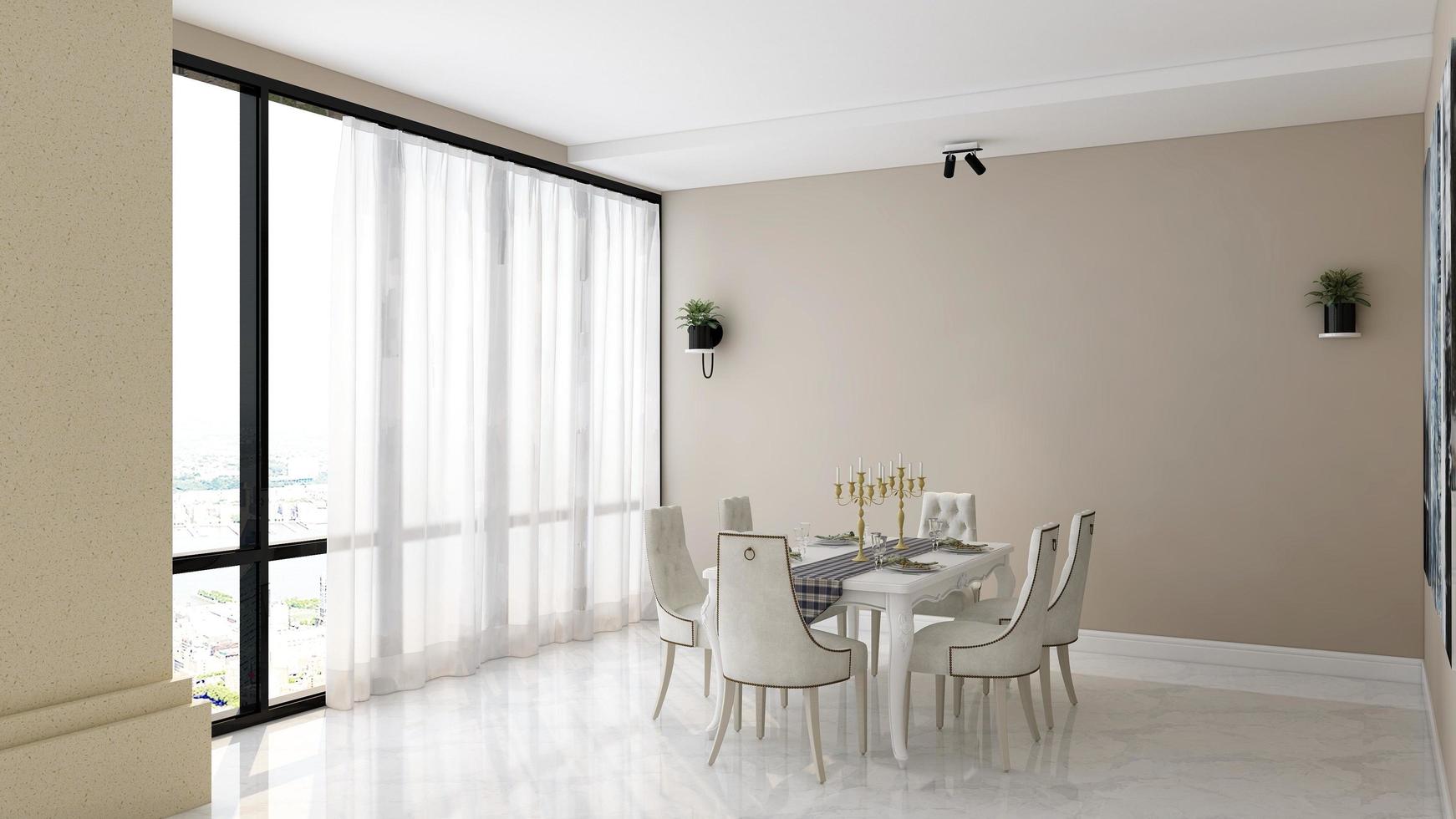 diseño interior moderno de comedor minimalista en maqueta de renderizado 3d foto