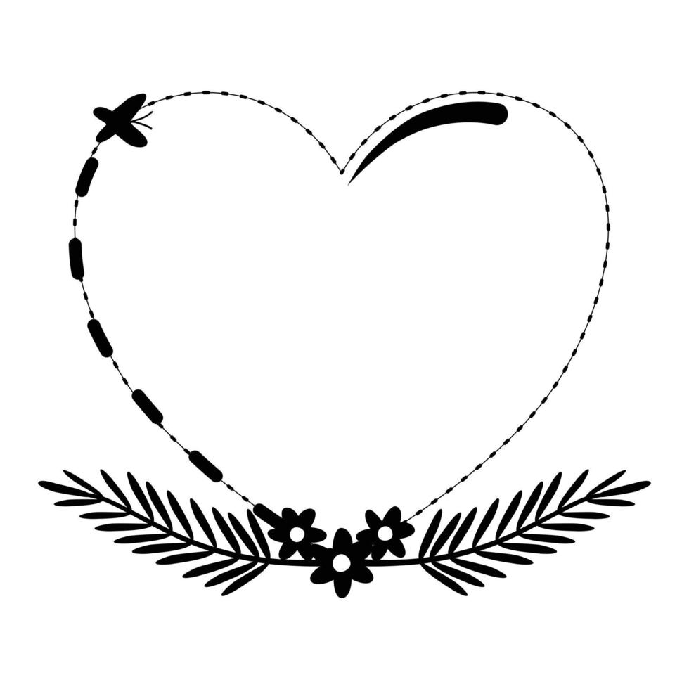 Vector - Vintage design of outline heart shape with leaves and flower. Valentine, Wedding. Can be use for print, paper, sticker.