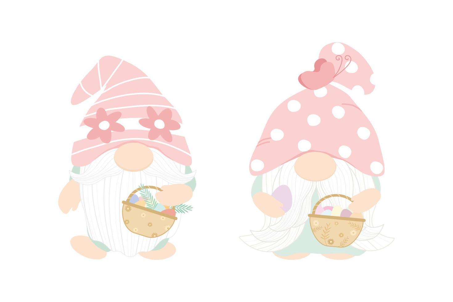 vector - lindo gnomo sosteniendo una cesta con muchos huevos. temporada de pascua, concepto de vacaciones. color pastel.