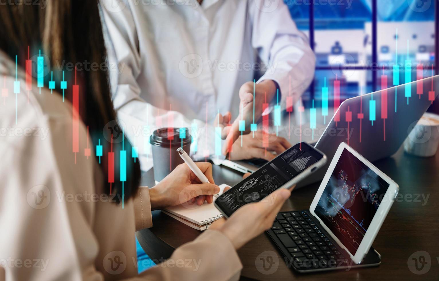 Two stock traiders making analysis of digital market and investment in block chain crypto currency. Stock trade concept photo