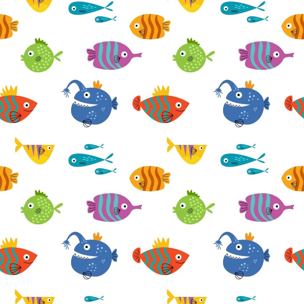 fish seamless pattern cartoon isolated on white background. Vector illustration tropical fish aquarium.