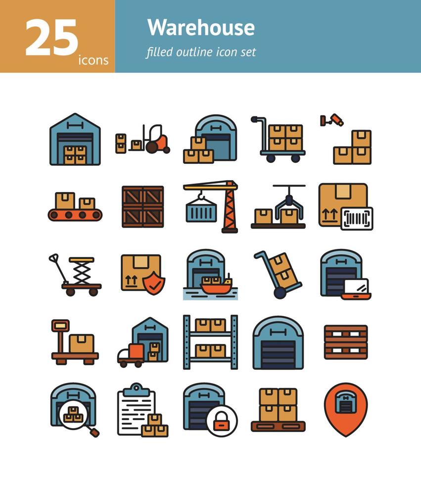 Warehouse filled outline icon set. vector