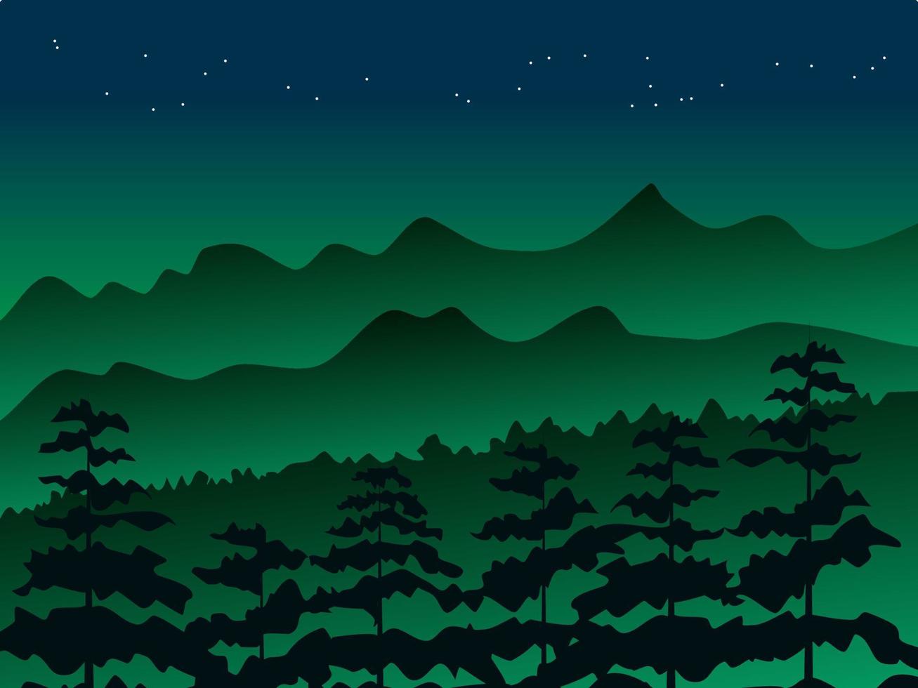 vista del bosque de montaña y cielo nocturno estrellado vector
