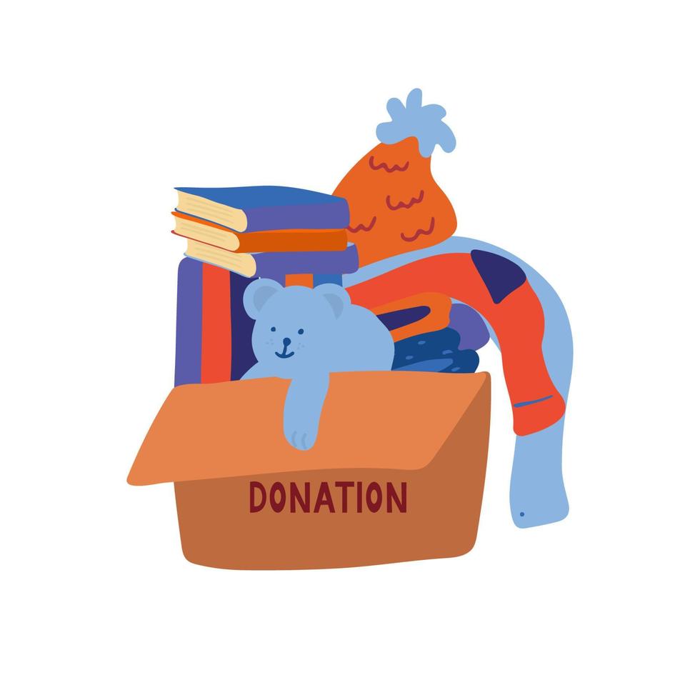 una caja con artículos para donación. colores azul y naranja vector