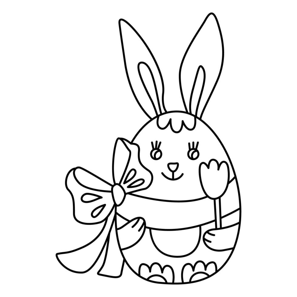 Easter cute egg with rabbit or bunny ears decorated with a bow and a tulip flower in doodle style. Great for Easter greeting cards. Hand drawn  illustration black outline. vector