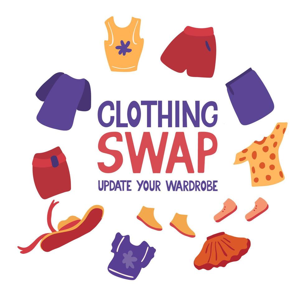 Clothing swap, update your wardrobe. Lettering with a round border with clothes and shoes. Hand drawn illustration isolated on white background. vector