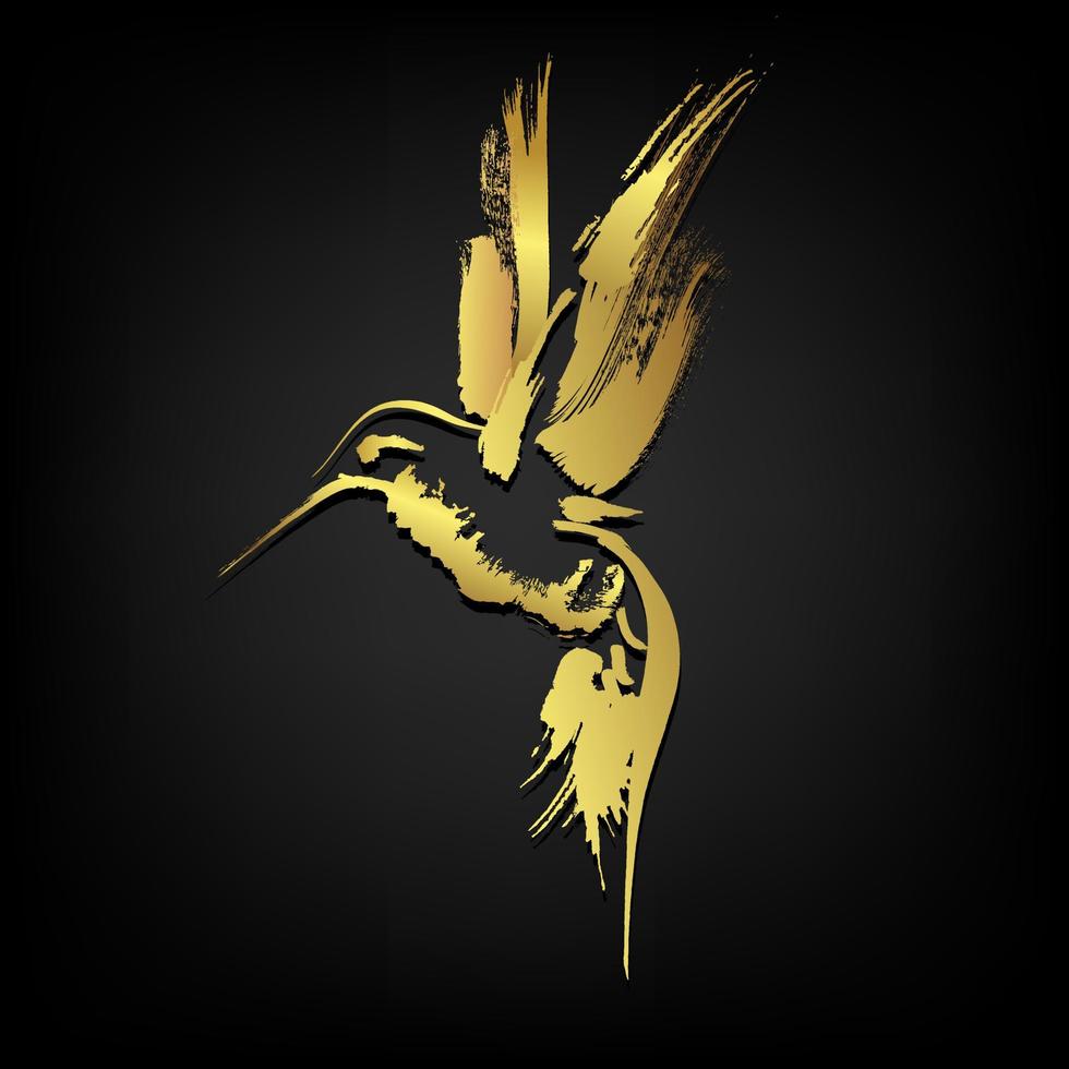 Humming bird hop on air ,Brush stroke golden painting over black background vector