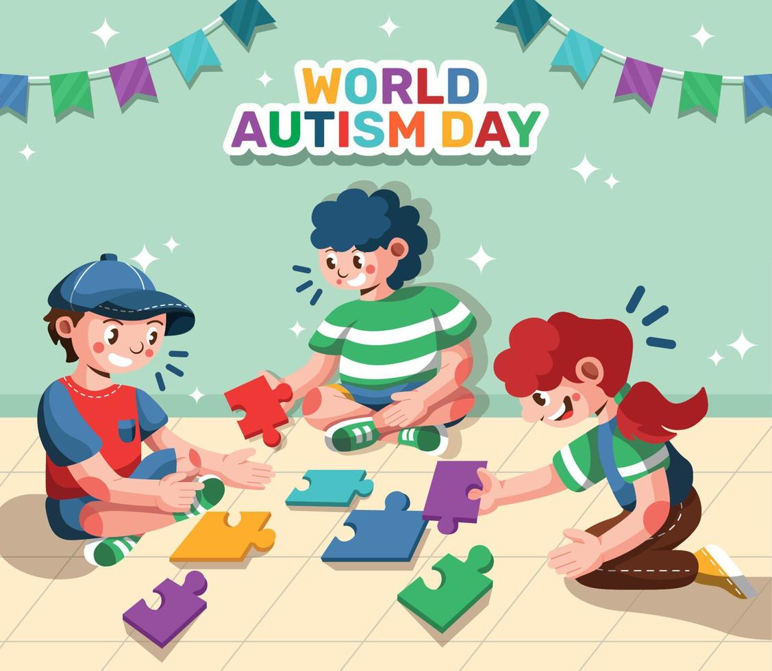 día mundial del autismo con niños jugando pieza de rompecabezas vector