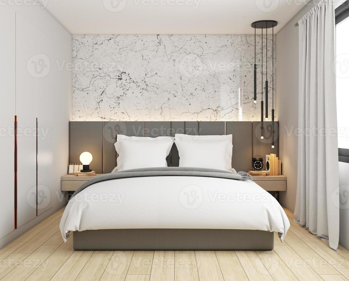 luxury bedroom with marble pattern wall and gray wardrobe, white king size bed and wood floor. 3d rendering photo