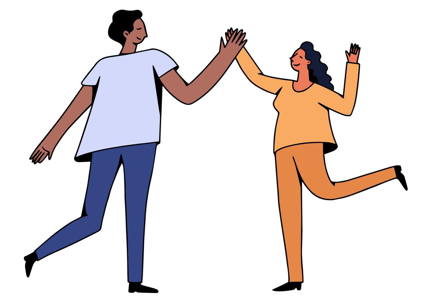 People giving high five. Two characters gesturing together. Couple or family or friends partying. Cheerful man and woman happy of results, different nations informal greeting. Vector illustration