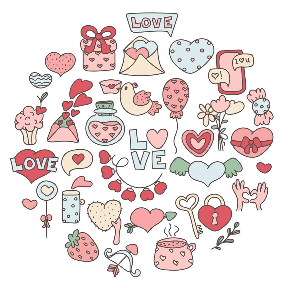 Valentine day set. Love holiday. Bundle of Valentines Day isolated objects in doodle style. vector
