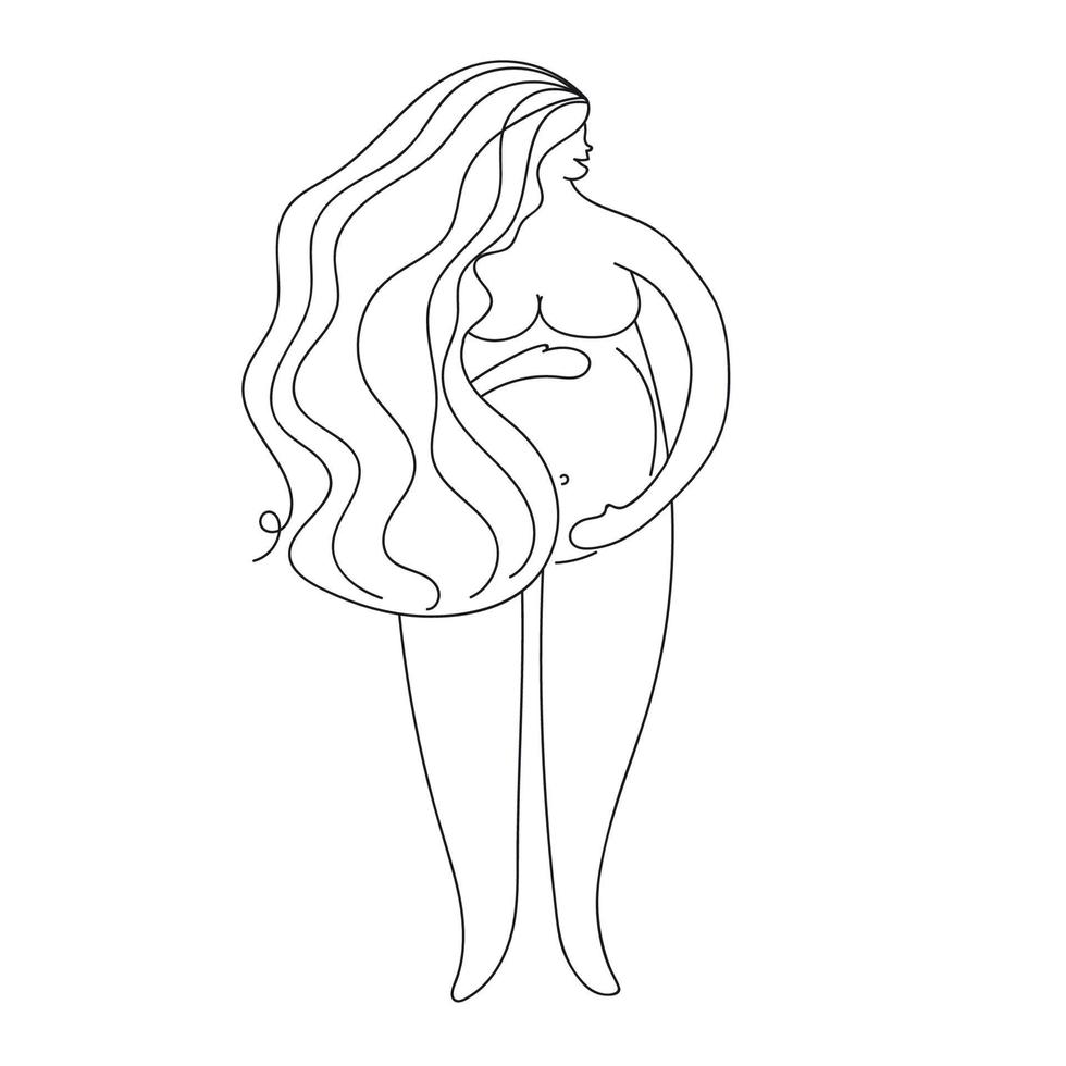 Contour of nude pregnant woman. Outlines of the body of a pregnant girl. Black and white vector illustration. Linear silhouette of a girl figure. one line