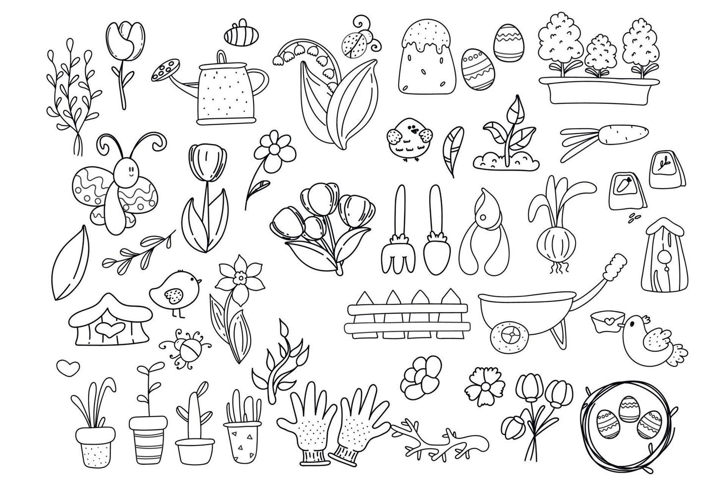 Spring Easter doodle collection with cute birds, flowers, garden objects, handicrafts. Easter spring set. vector