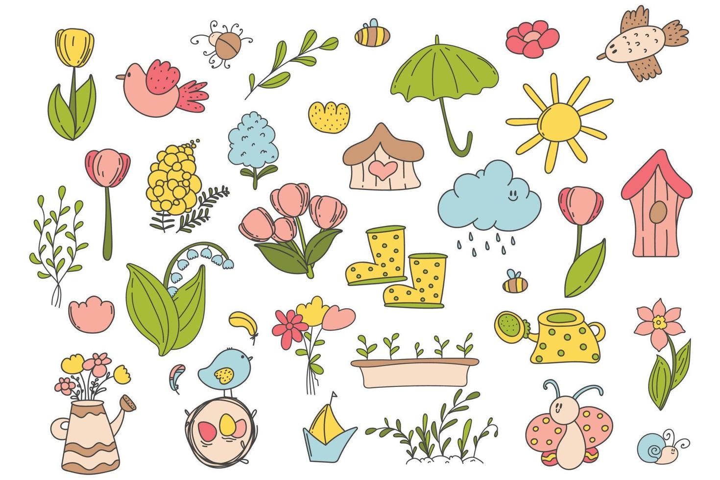 Spring and Easter doodle collection, flowers and decorations. Easter spring set with cute eggs, birds, bees, butterflies. Hand drawn vector illustration.