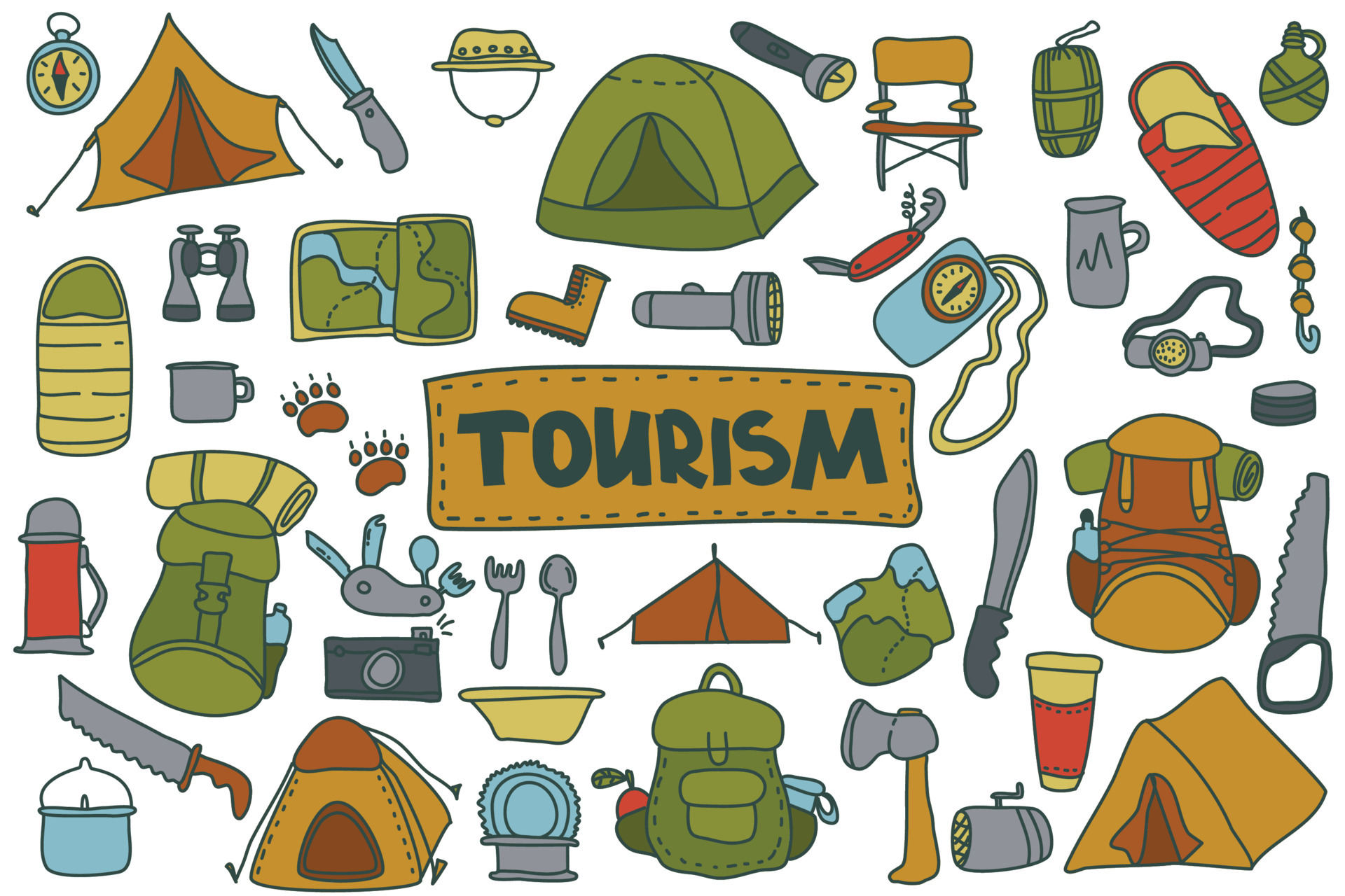 tourism, camping, vacation set in doodle style. Camping and hiking equipment  clip art set. Nature, forest recreation, sport 5387002 Vector Art at  Vecteezy