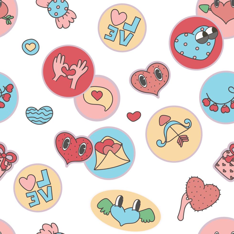 seamless pattern Various Patches, pins, stamps or Stickers.  Funny cute  comic Characters.  love, valentenes day background. Hand drawn trendy vector