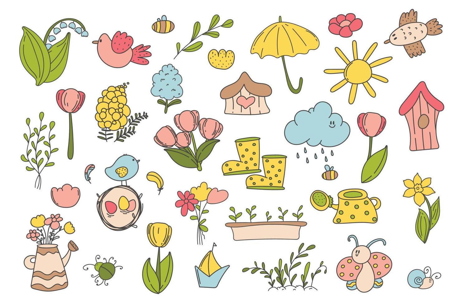 Spring and Easter doodle collection, flowers and decorations. Easter spring set with cute eggs, birds, bees, butterflies. Hand drawn vector illustration.