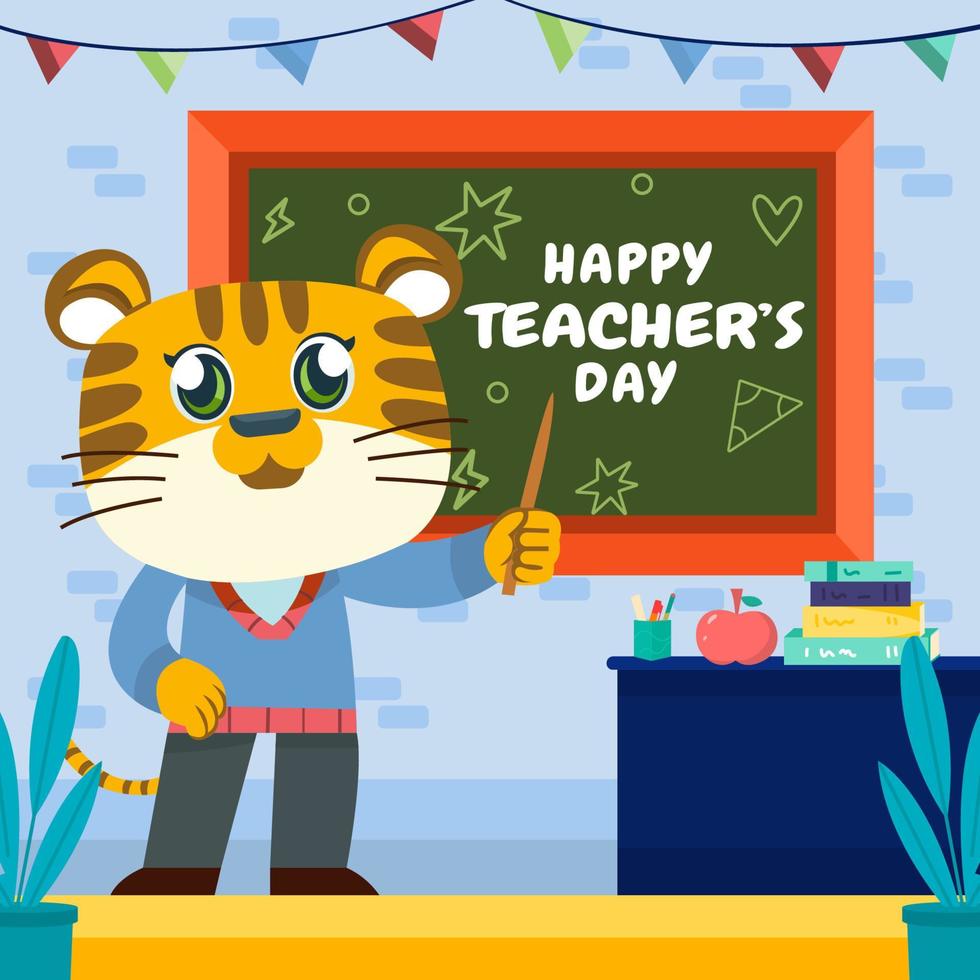 Tiger Teacher Standing In Front Of Classroom Concept vector