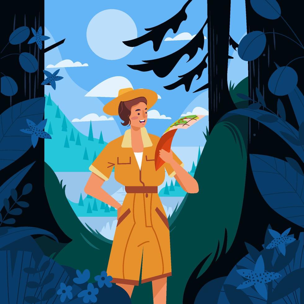 Girlscout Reading Map In Forest Concept vector