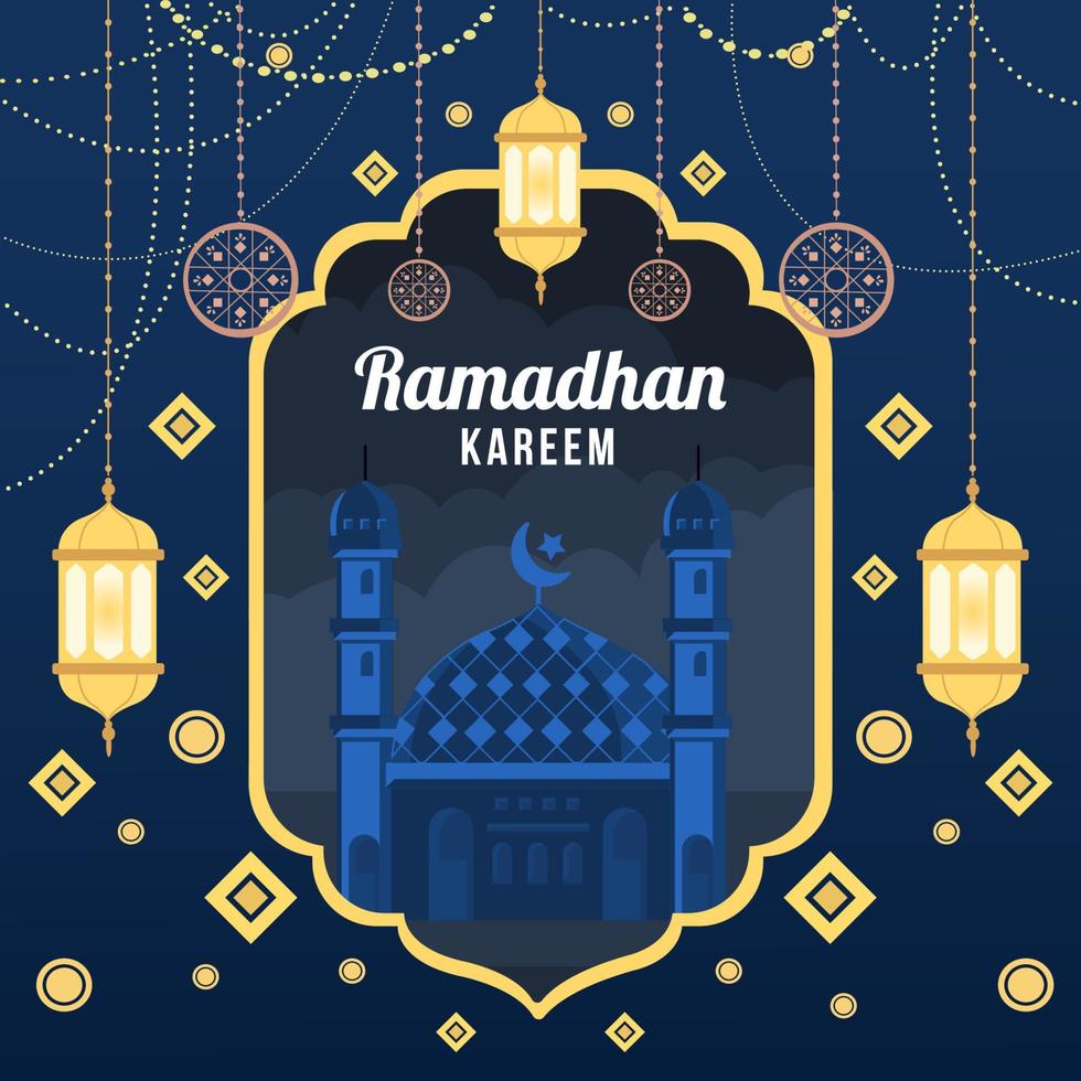 Ramadhan Kareem Decoration With Lanterns And Mosque Concept vector