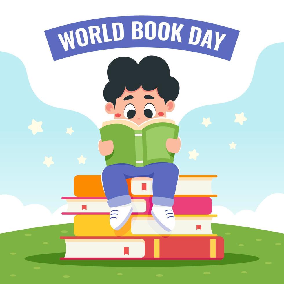 un niño leyendo alfabetización en el día mundial del libro vector