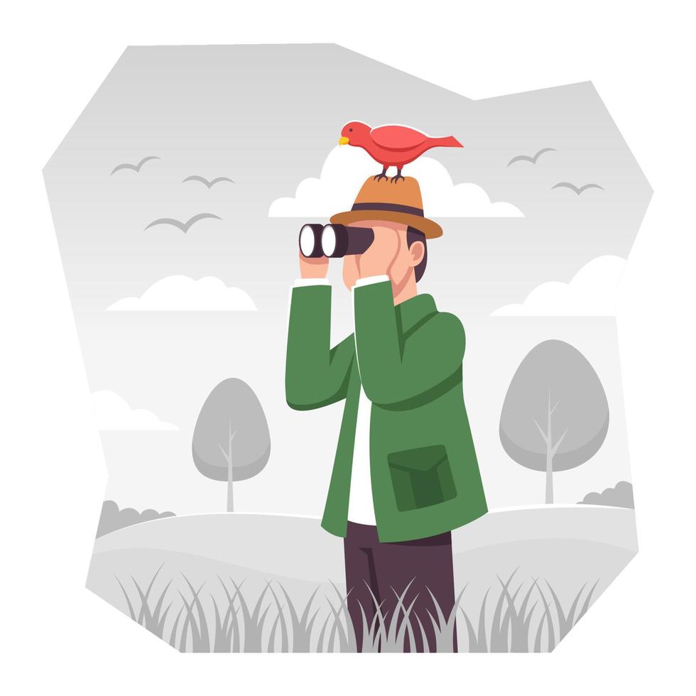 Bird Watcher Observing Birds in Outdoor vector