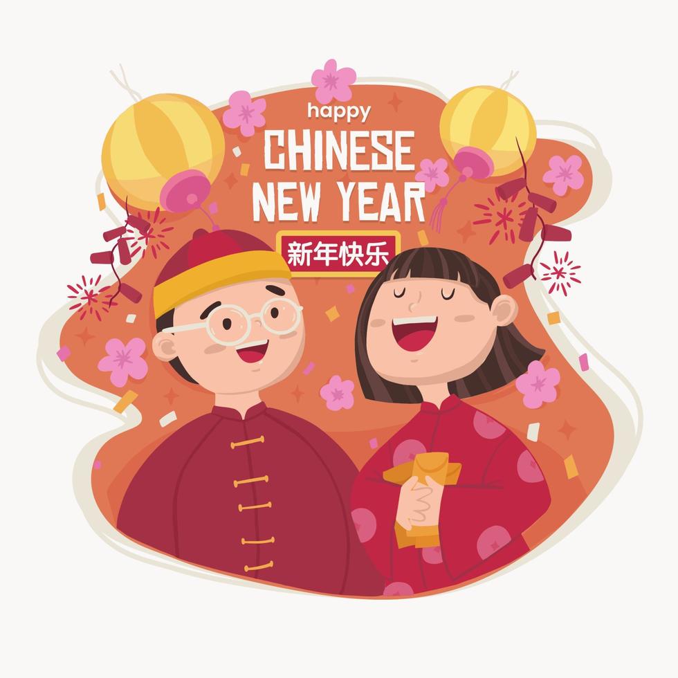 niño y niña celebrando el año nuevo chino vector