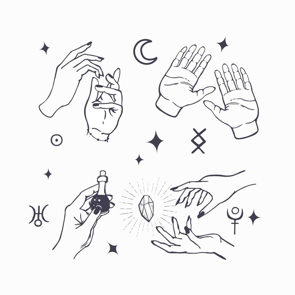 Hand drawn collection of female witches hands in different poses. vector