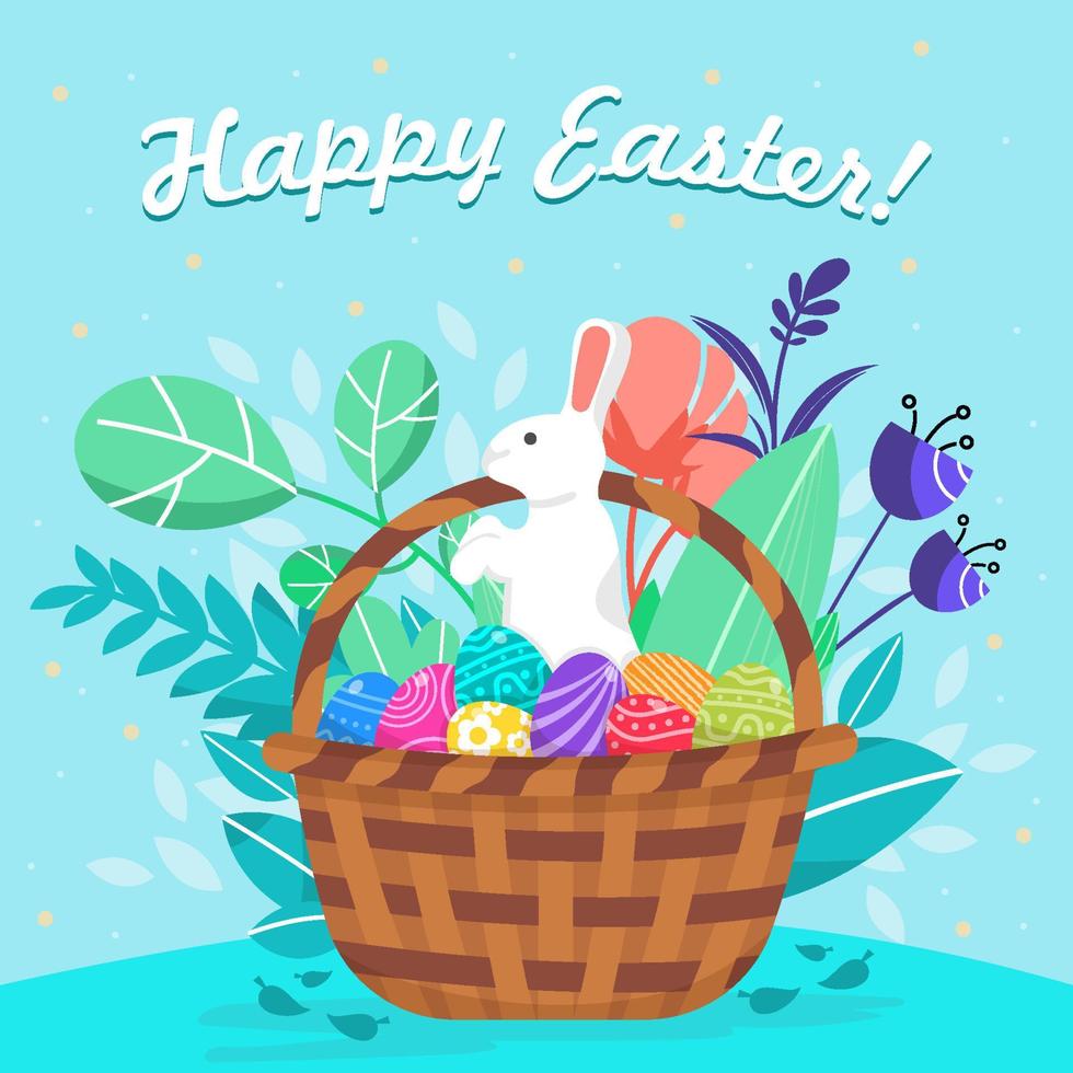 Rabbit and Easter Eggs In A Basket Concept vector