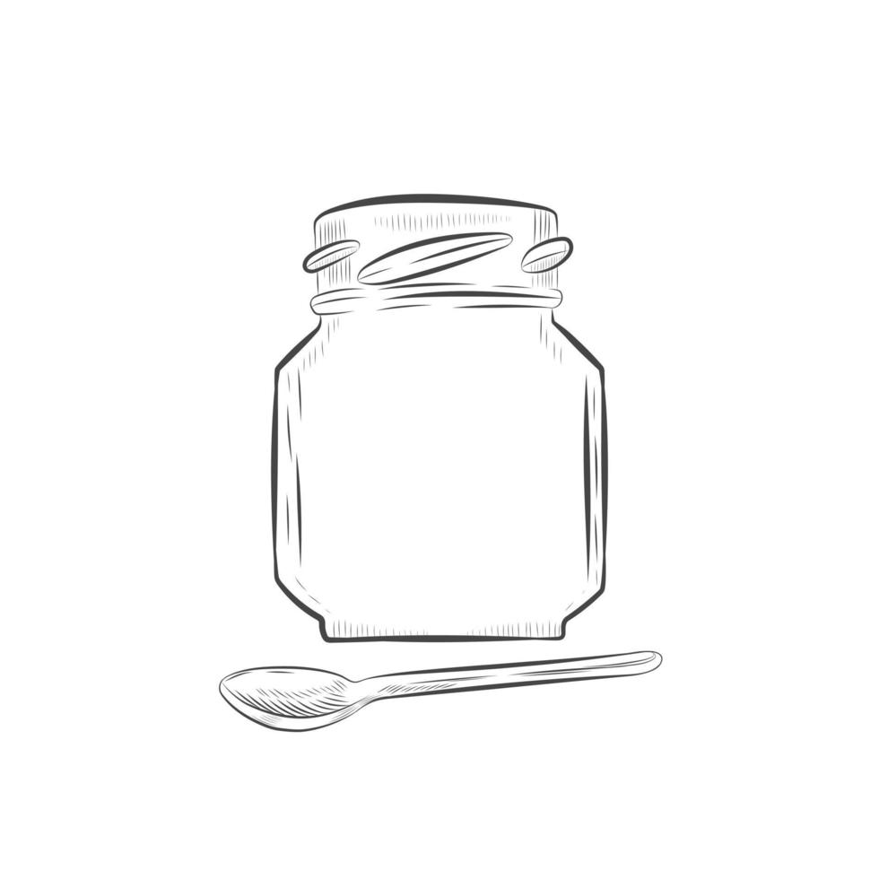 Glass jar and spoon vector sketch.