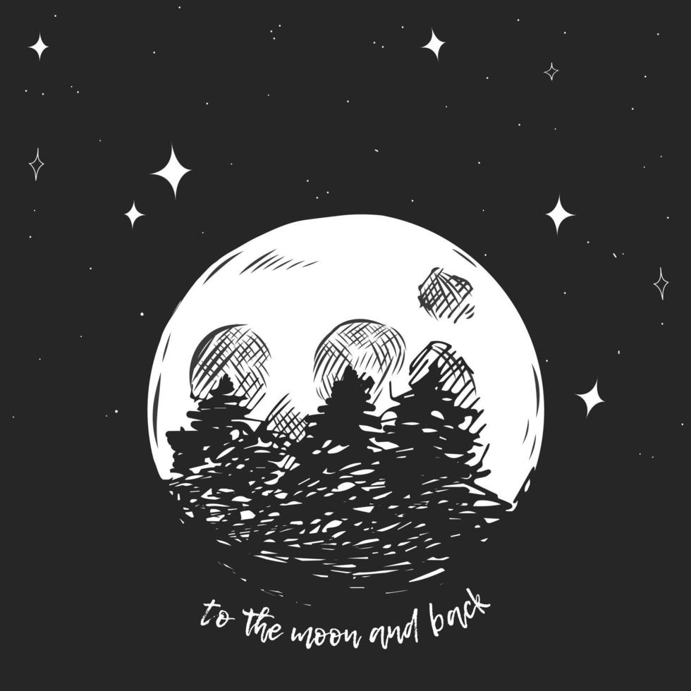 Full moon in the starry sky hand drawn vector illustration.