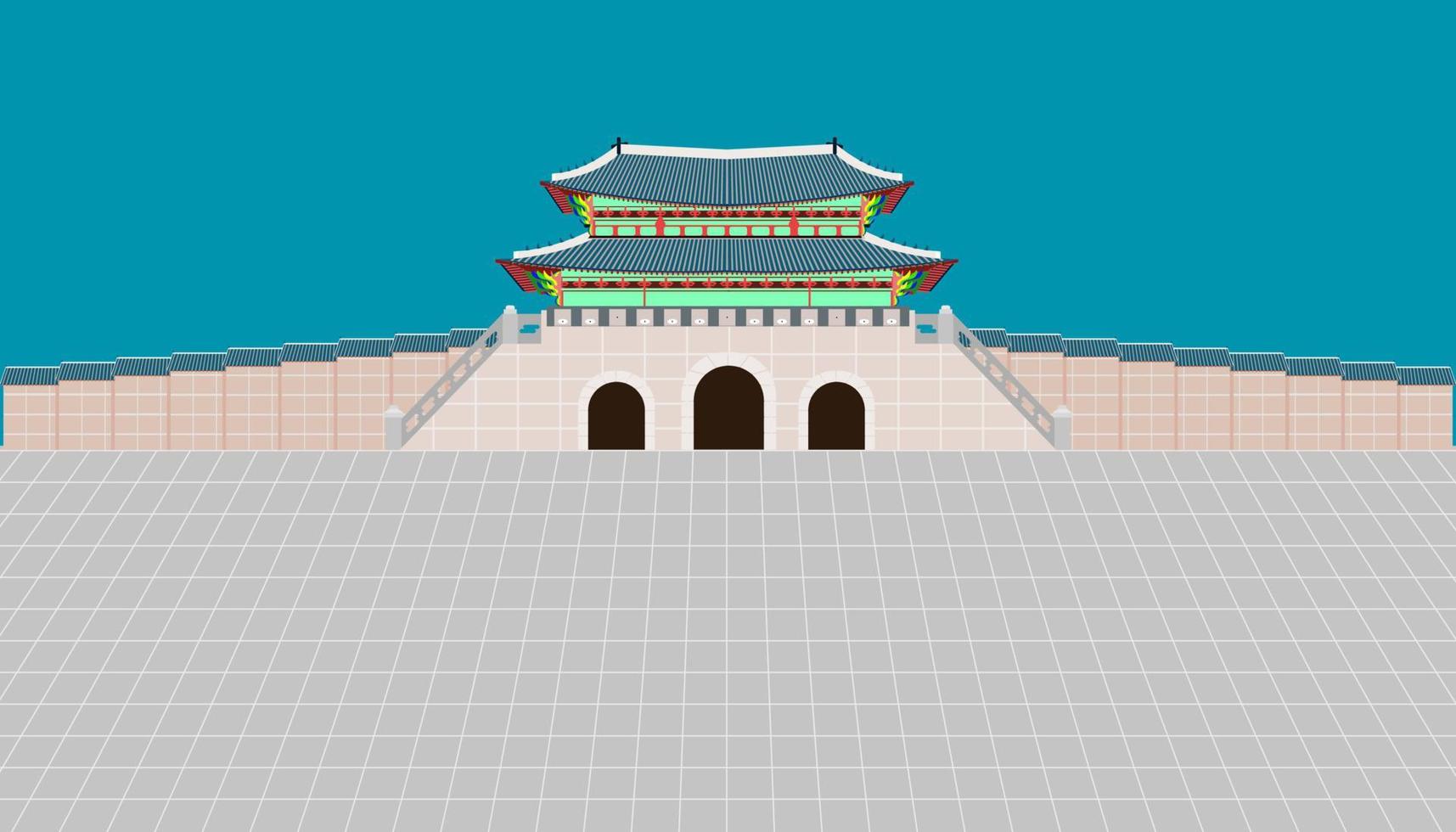 back view gwanghwamun gate and long wall and large courtyard at gyeongbokgung palace in seoul south korea vector illustration eps10