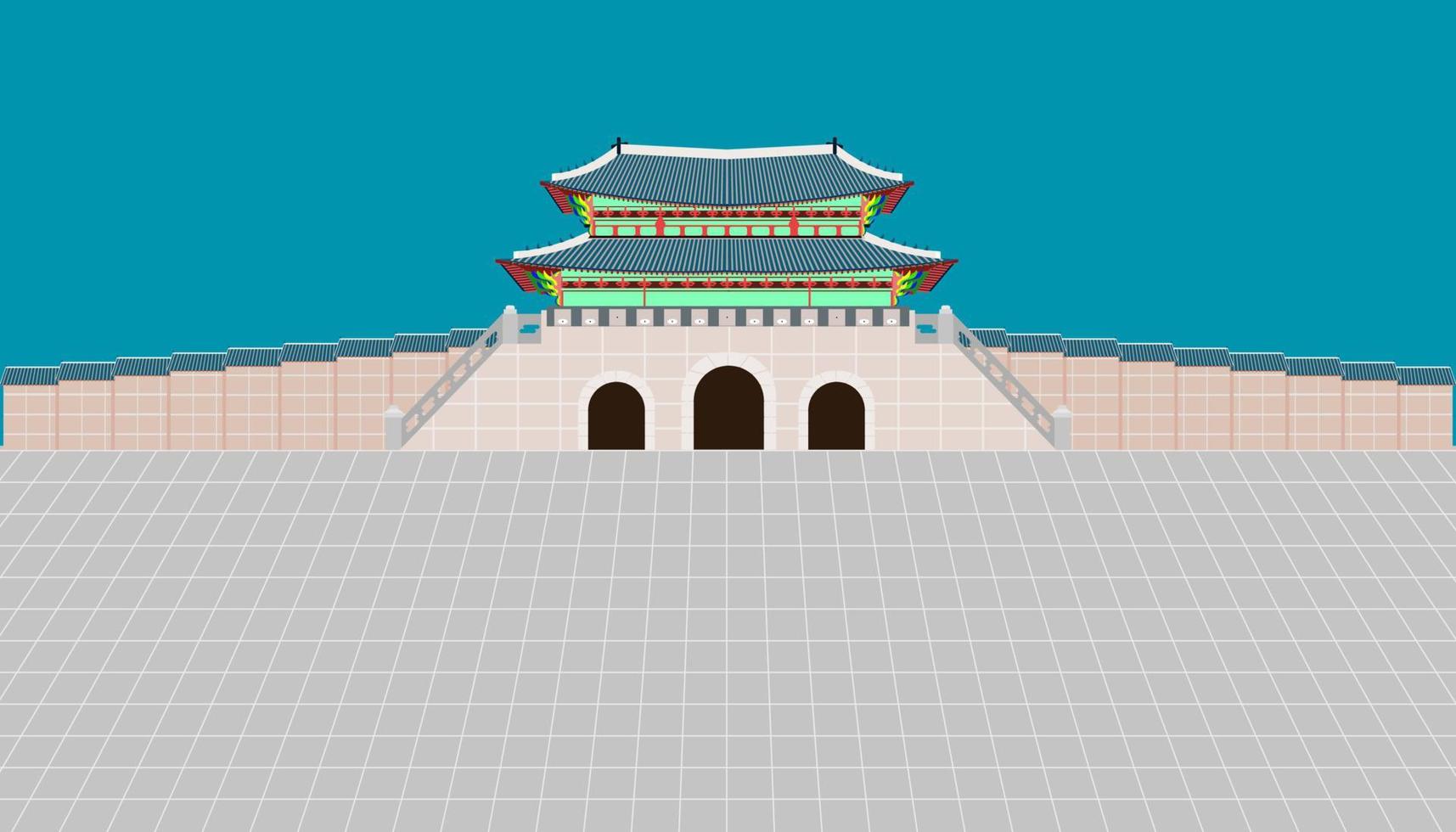 vista trasera puerta gwanghwamun y pared larga y gran patio en el palacio gyeongbokgung en seúl corea del sur ilustración vectorial eps10 vector