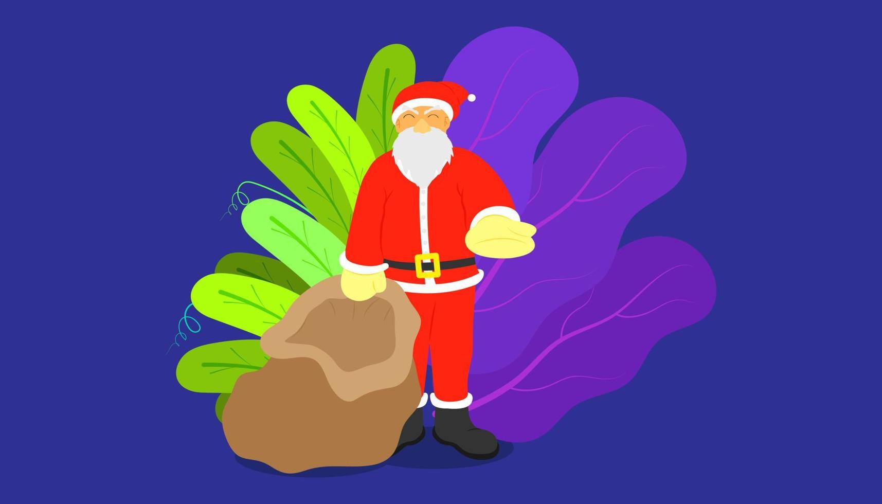 santa claus flat cartoon standing action pose for giving the present gift on left hand on merry christmas holiday. leaf background. vector illustration eps10.