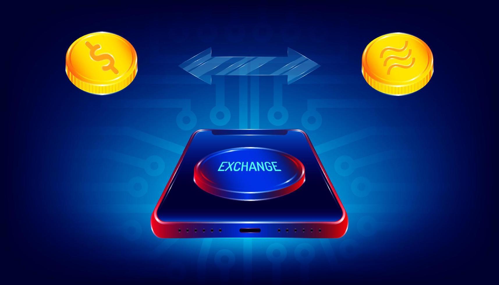 luxury exchange button on smartphone for transfer between dollar and libra coin money currency. electronic circuit print background style. vector illustration eps10
