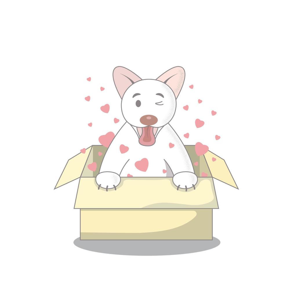 Cute white cartoon dog in a yellow box, pink hearts, flat vector, isolate on white background vector