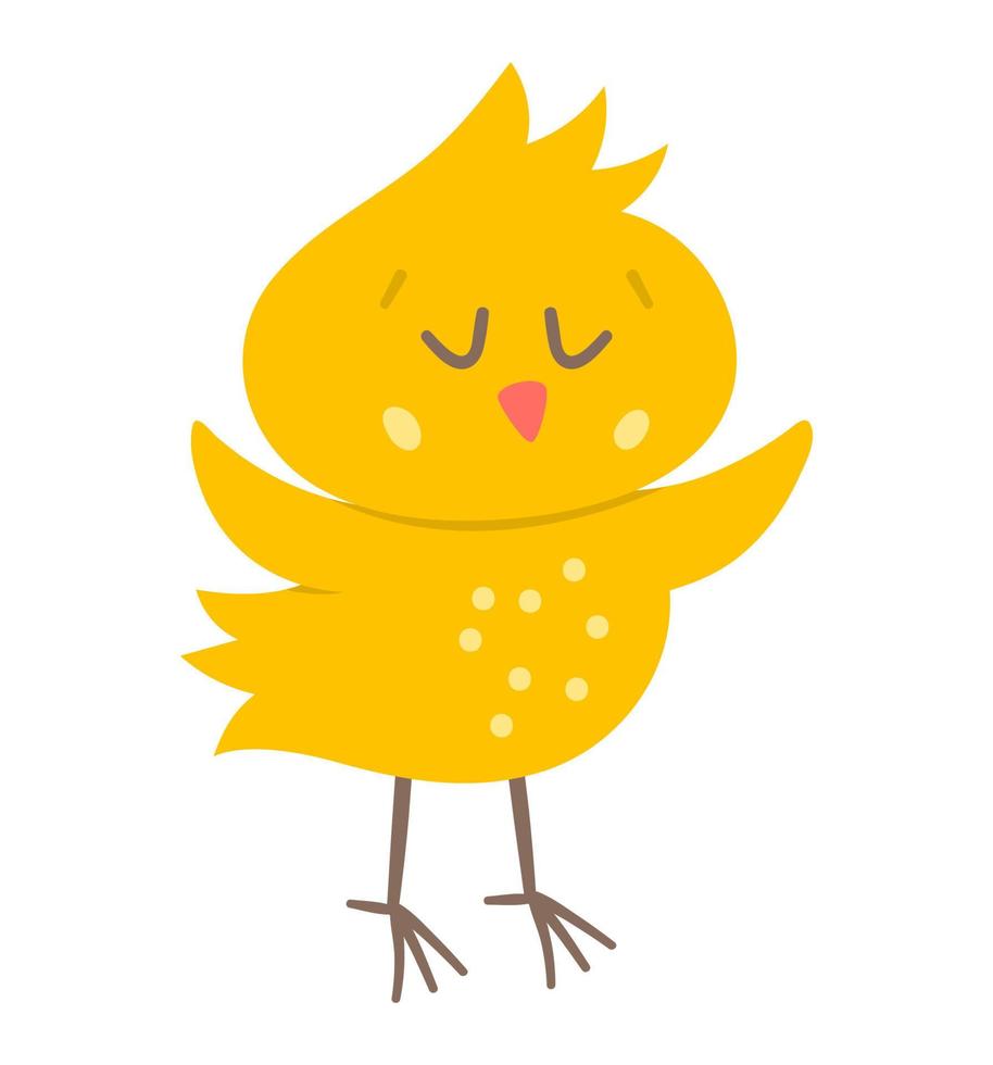 icono de pollito divertido vectorial. ilustración de pájaro pequeño de primavera, pascua o granja. lindo pollo amarillo con los ojos cerrados aislado sobre fondo blanco. vector