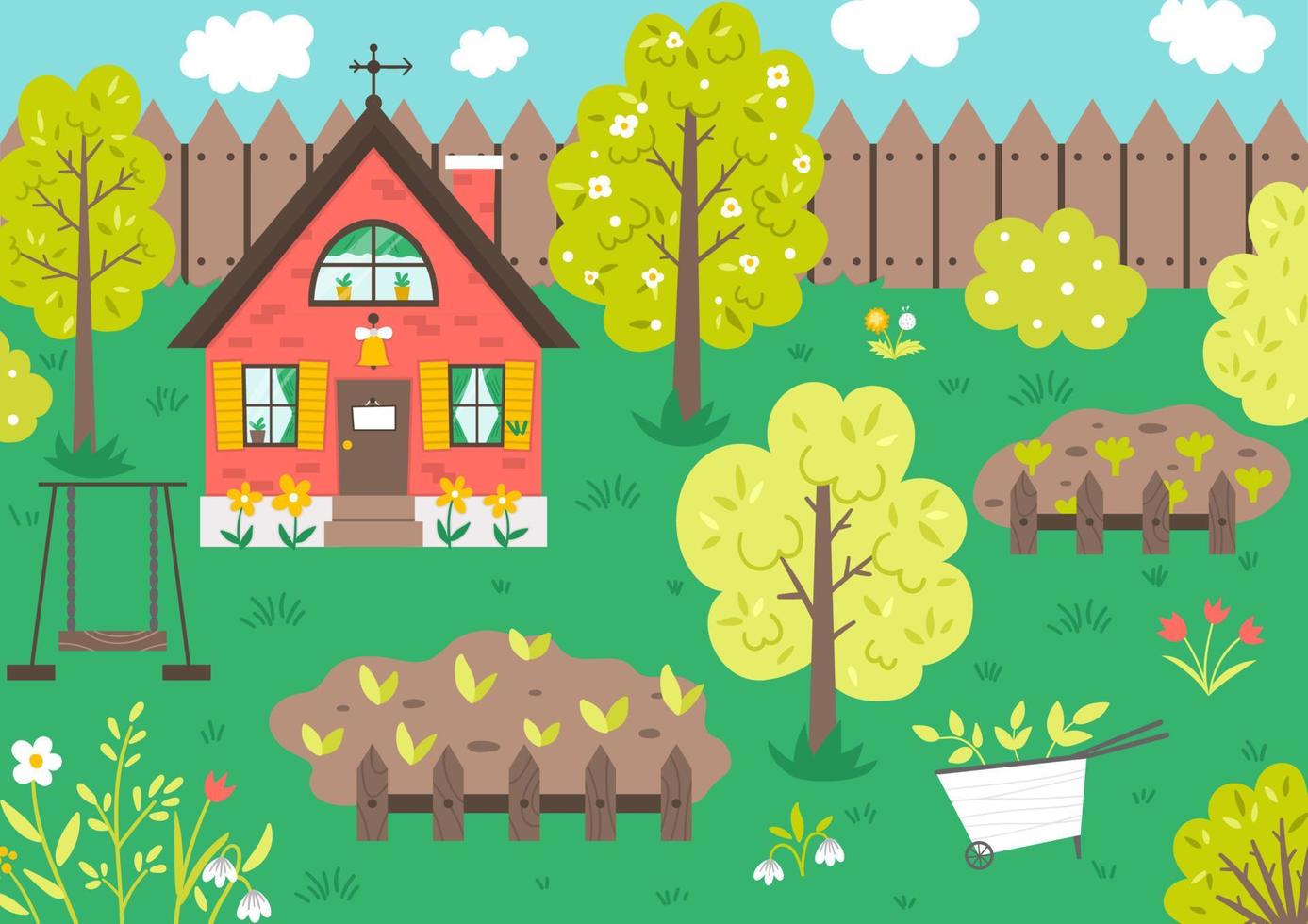 Vector garden scene with trees, country house, vegetable beds, flowers, swing. Spring gardening scenery. Cute cottage illustration. Rural landscape. Farm living concept