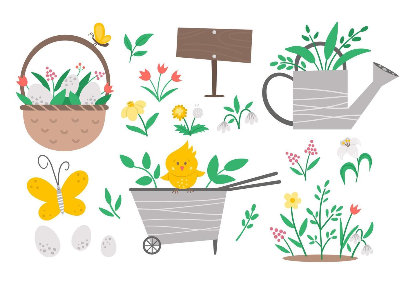 vector lindo jardín y paquete de iconos de pascua. carretilla, lata de riego, huevos, primeras flores y plantas aisladas en fondo blanco. ilustración de herramienta de jardinería de primavera plana para niños.