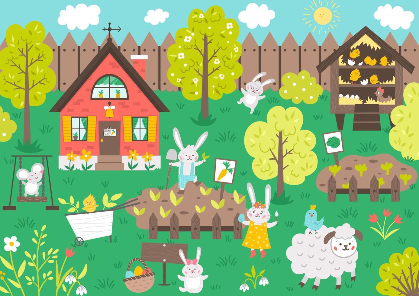 escena de jardín vectorial con animales lindos. paisaje de primavera con conejito divertido, cabaña, oveja, ratón, jardinería de pollitos. linda ilustración de pascua con casa familiar de conejo, cerca y flores. vector