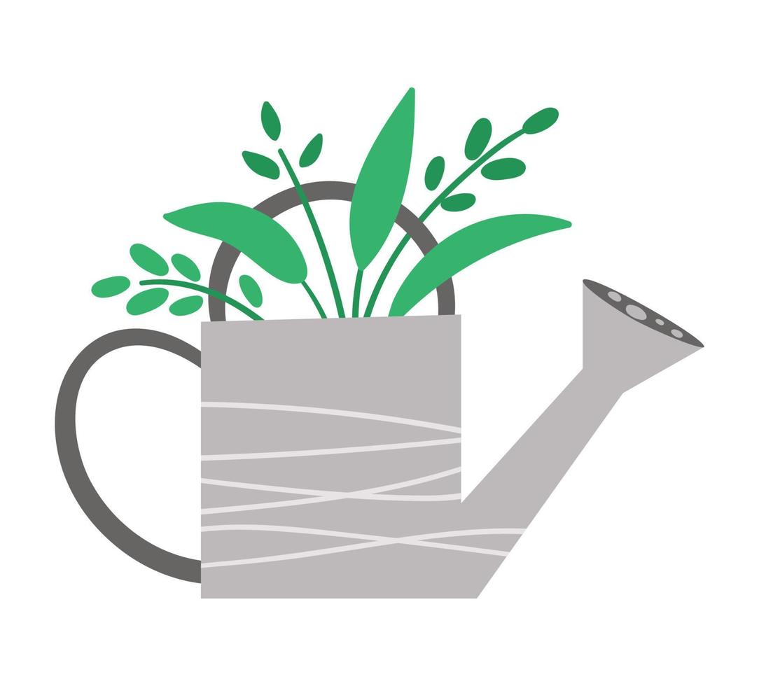 Vector cute watering can with green plants icon isolated on white background. Flat spring garden tool illustration. Funny gardening equipment picture for kids.