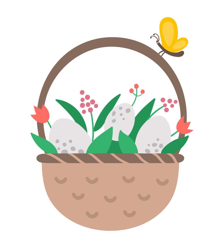 cesta vectorial con huevos, flores e icono de mariposa. símbolo tradicional de Pascua y elemento de diseño aislado sobre fondo blanco. linda ilustración plana de primavera para niños. vector