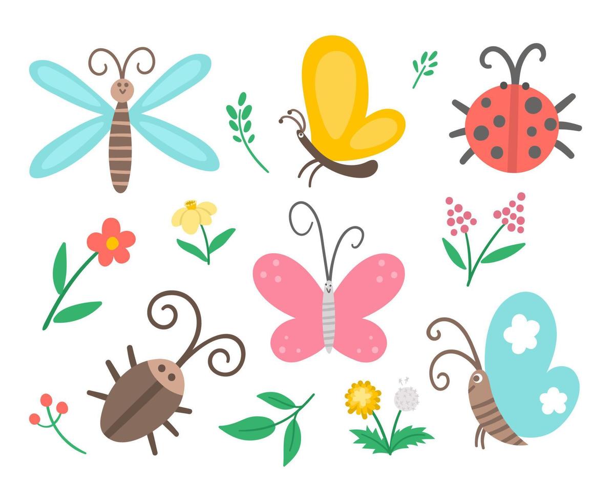 insecto plano vectorial y paquete de iconos de primera flor. divertida colección de jardín de primavera. linda mariquita, mariposa, escarabajo, ilustración de diente de león para niños aislados en fondo blanco. conjunto de insectos y plantas vector