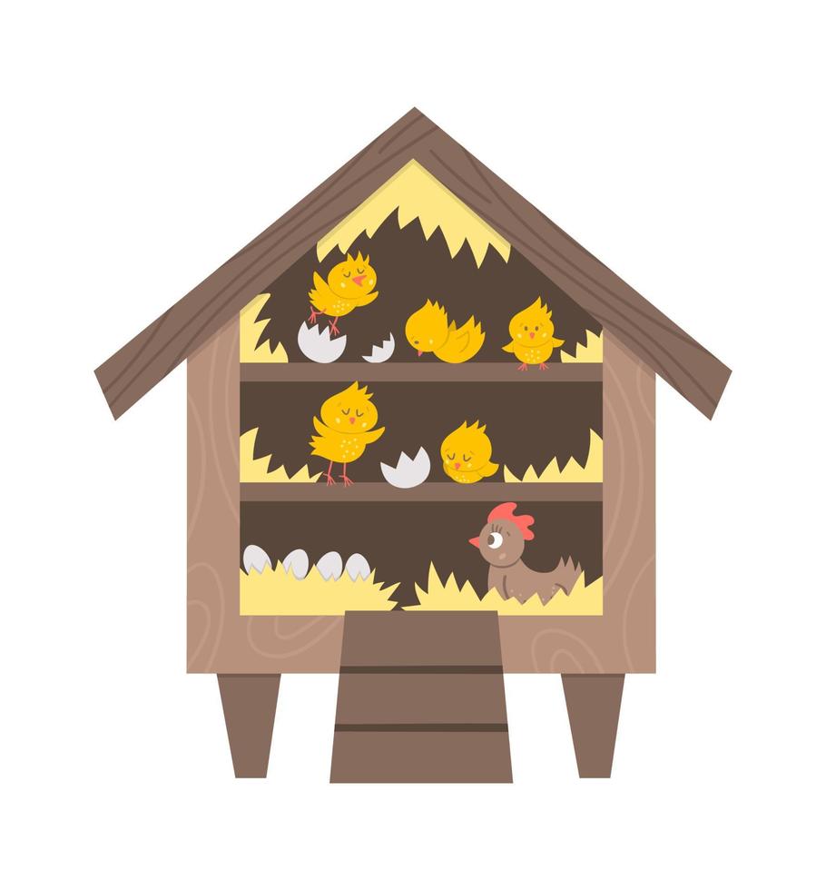 Vector cute roost icon with hatching chicks and hen inside. Funny perch illustration for kids. Farm or garden birds house isolated on white background. Hen-coop picture