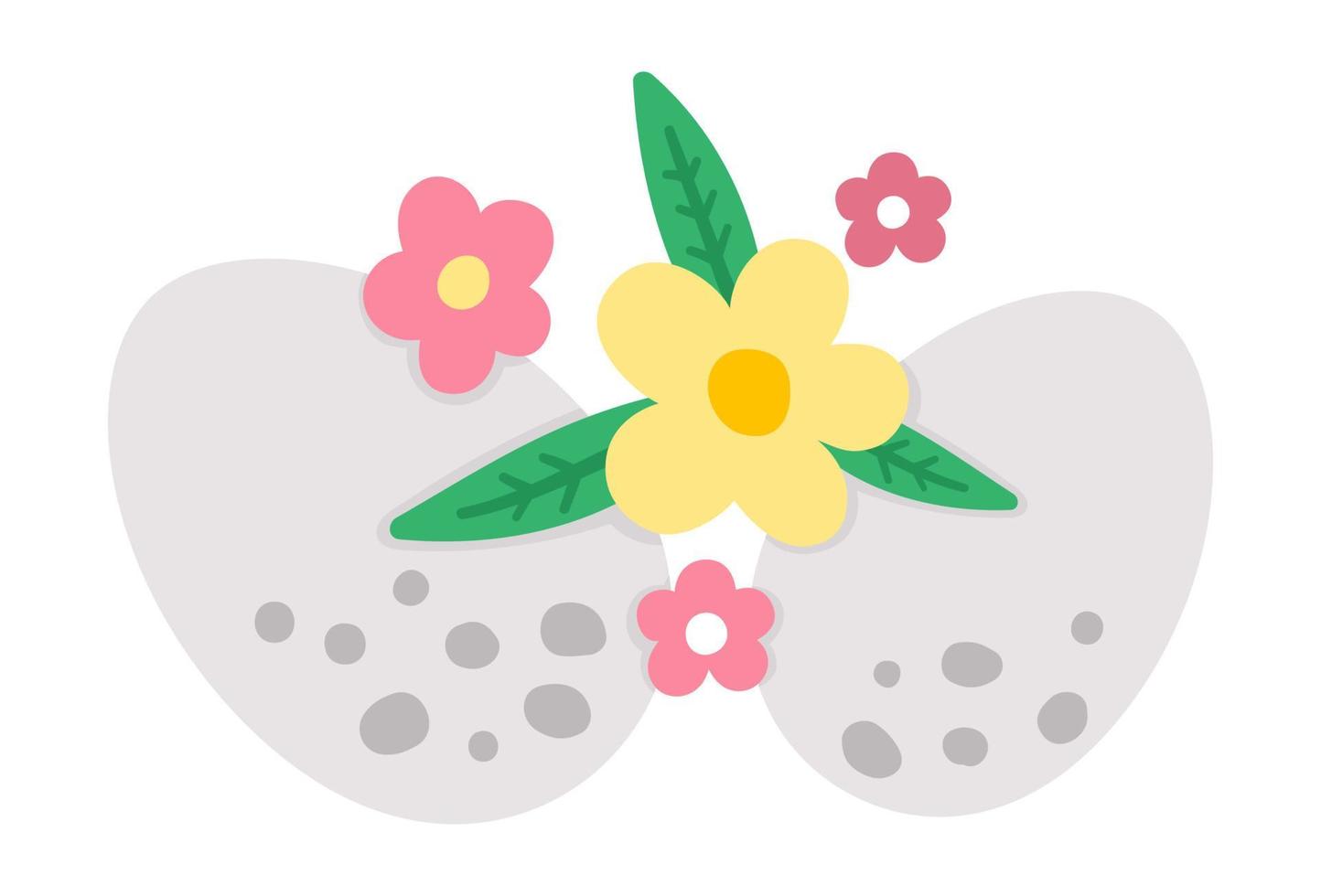Vector Easter horizontal decorative element. Cute bright composition with eggs, plants and leaves. Spring icon. Holiday floral design with first flowers and colored eggs.